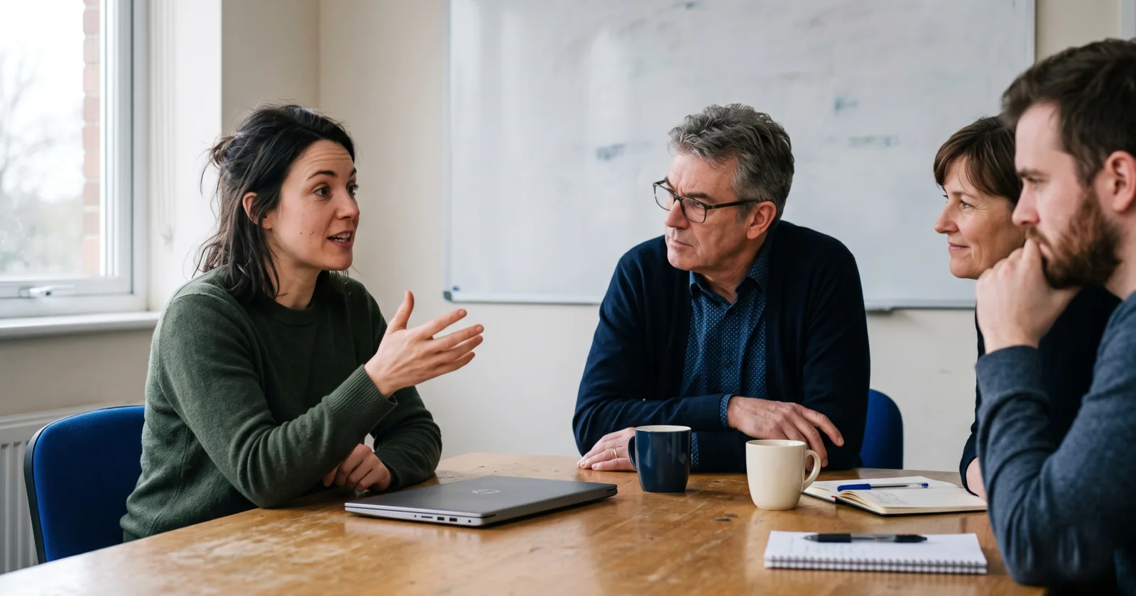 Four colleagues around a meeting room table, one mid-sentence and gesturing while the others listen - the everyday conversations where team chemistry is built.