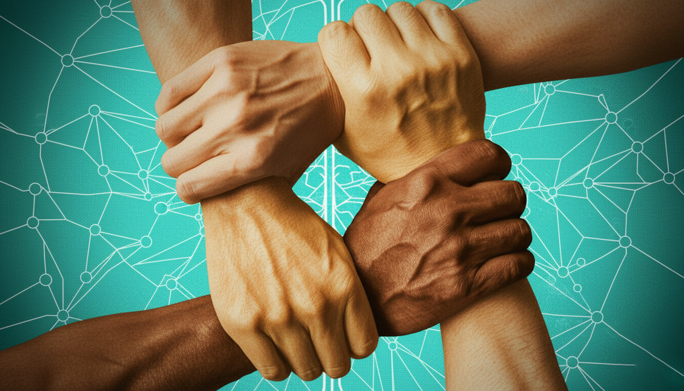 Een team dat samenwerkt en synergie creƫert, symbool voor teamchemie.